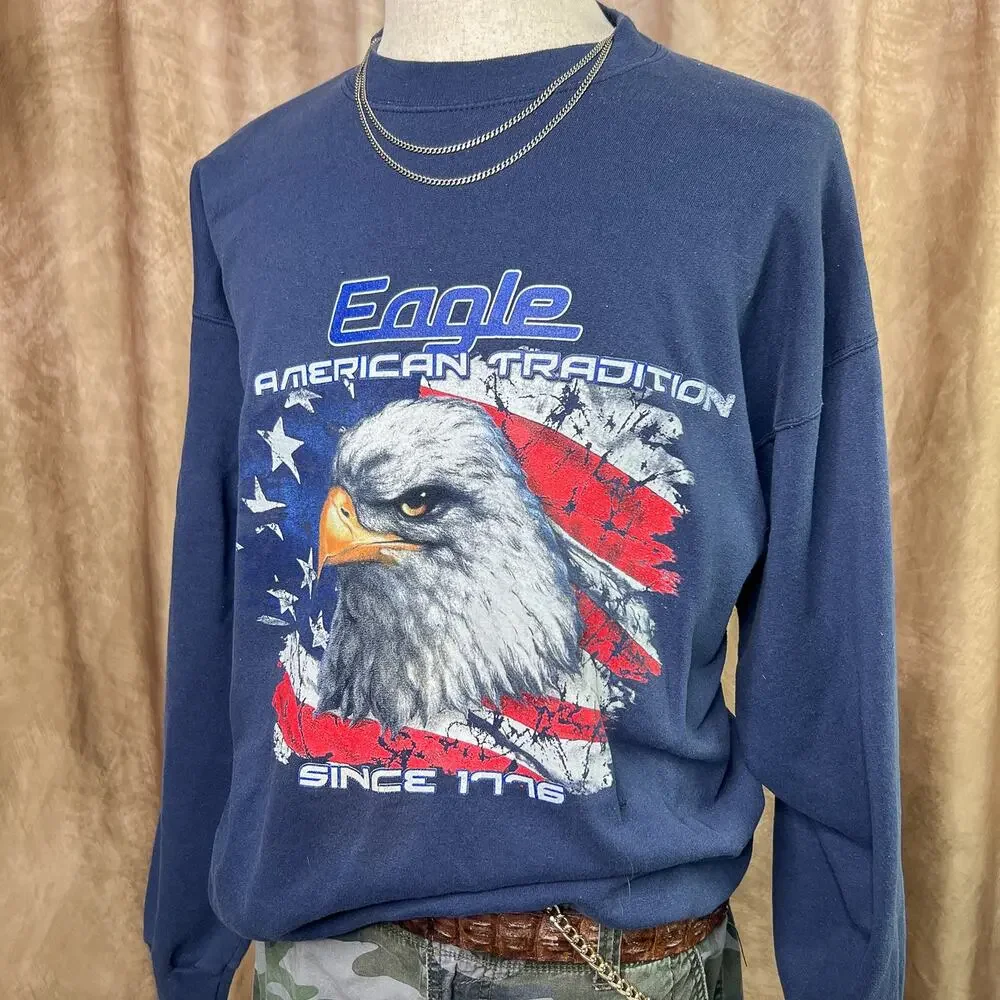 Vintage 90s Eagle Sweatshirt American Tradition Crewneck Navy USA Flag Animal